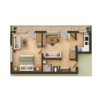 Ferienwohnung mit großem Balkon und tollem Ausblick und eingerichteter Küche.